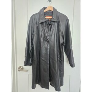 Cayenne Leather Black Trench Coat Mid Length Button Front Jacket Womens Large